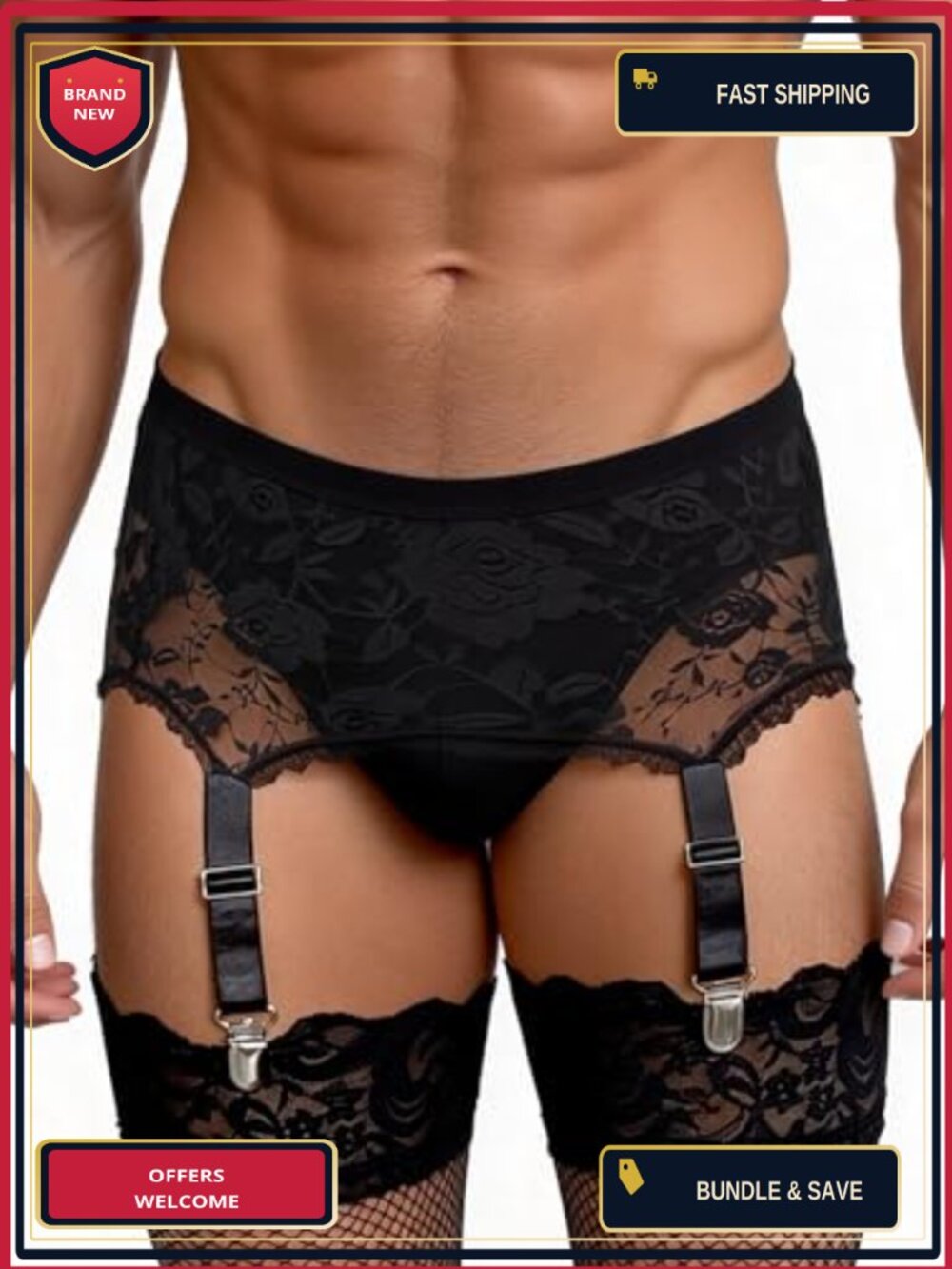 Men's Floral Lace Garter Belt 6 Metal Clips Thigh Highs